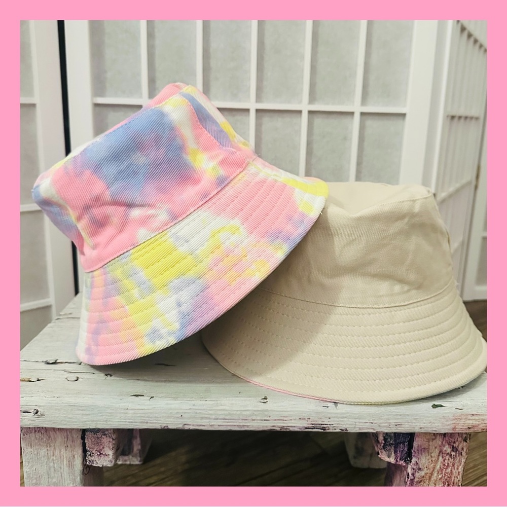 🏝️REVERSIBLE🏝️PINK TIE DYE AND TAN REVERSIBLE BUCKET HAT-WIDE BRIM-FOLDABLE - Picture 5 of 5